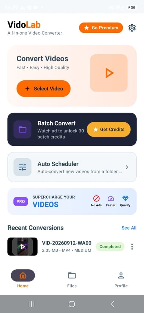 VidoLab Android App Home Dashboard
